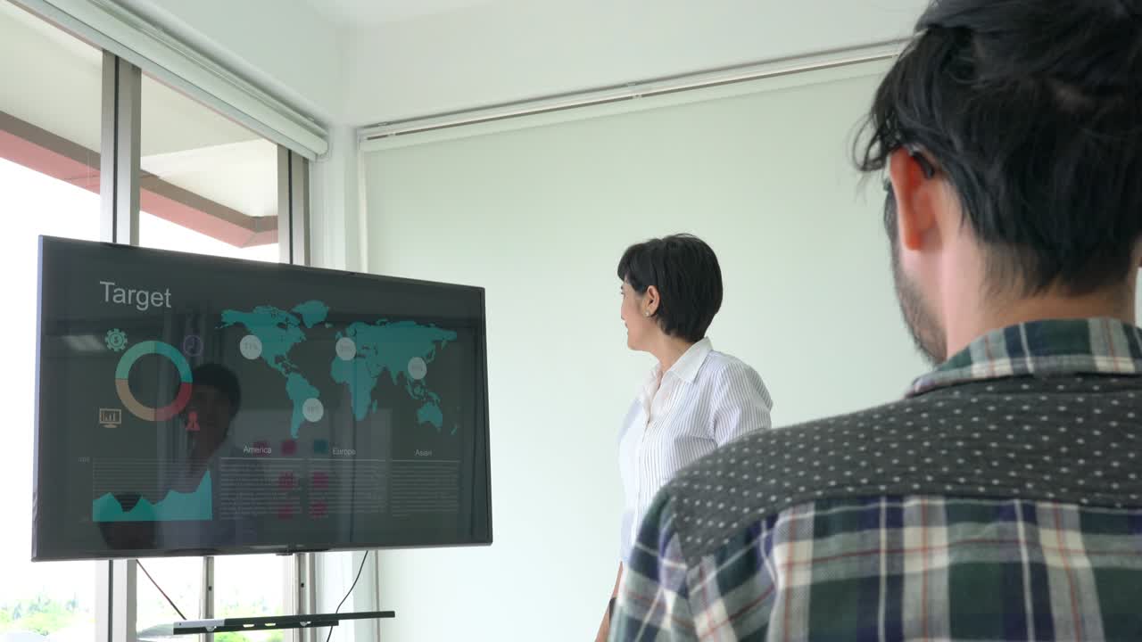 mujer de negocios presenta el plan del proyecto y se reúnen para compartir ideas de negocio. concepto de tormenta de ideas, sala de guerra, trabajo en equipo de reuniones y tablero de control.