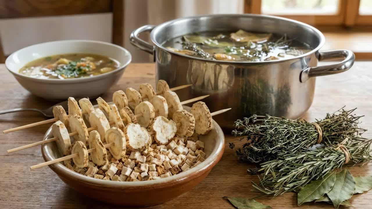 パセリの根が入った自家製野菜スープ