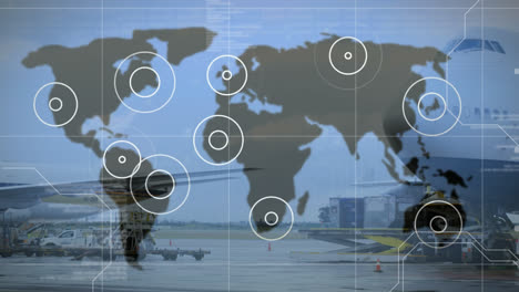 animación del procesamiento de datos y ubicaciones pulsantes en el mapa del mundo y el aeropuerto
