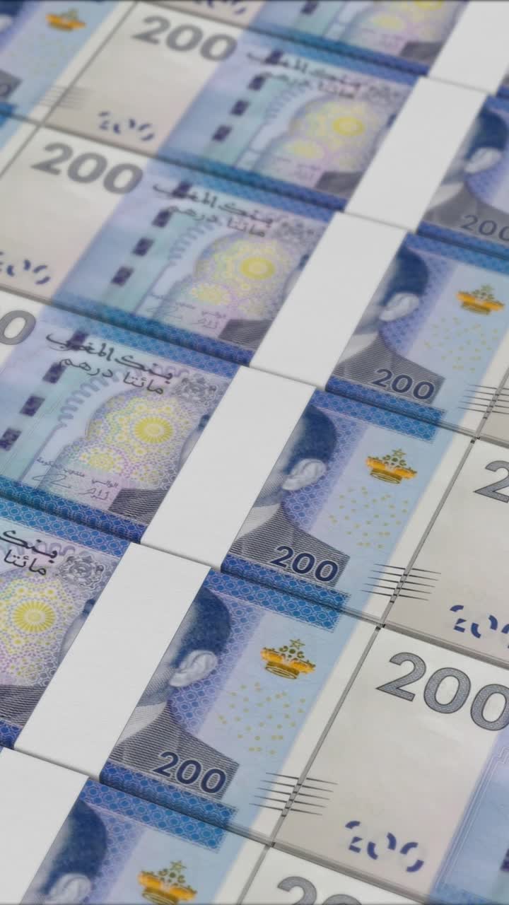 vídeo vertical de billetes de 200 dirhams marroquíes impresos por una imprenta de dinero