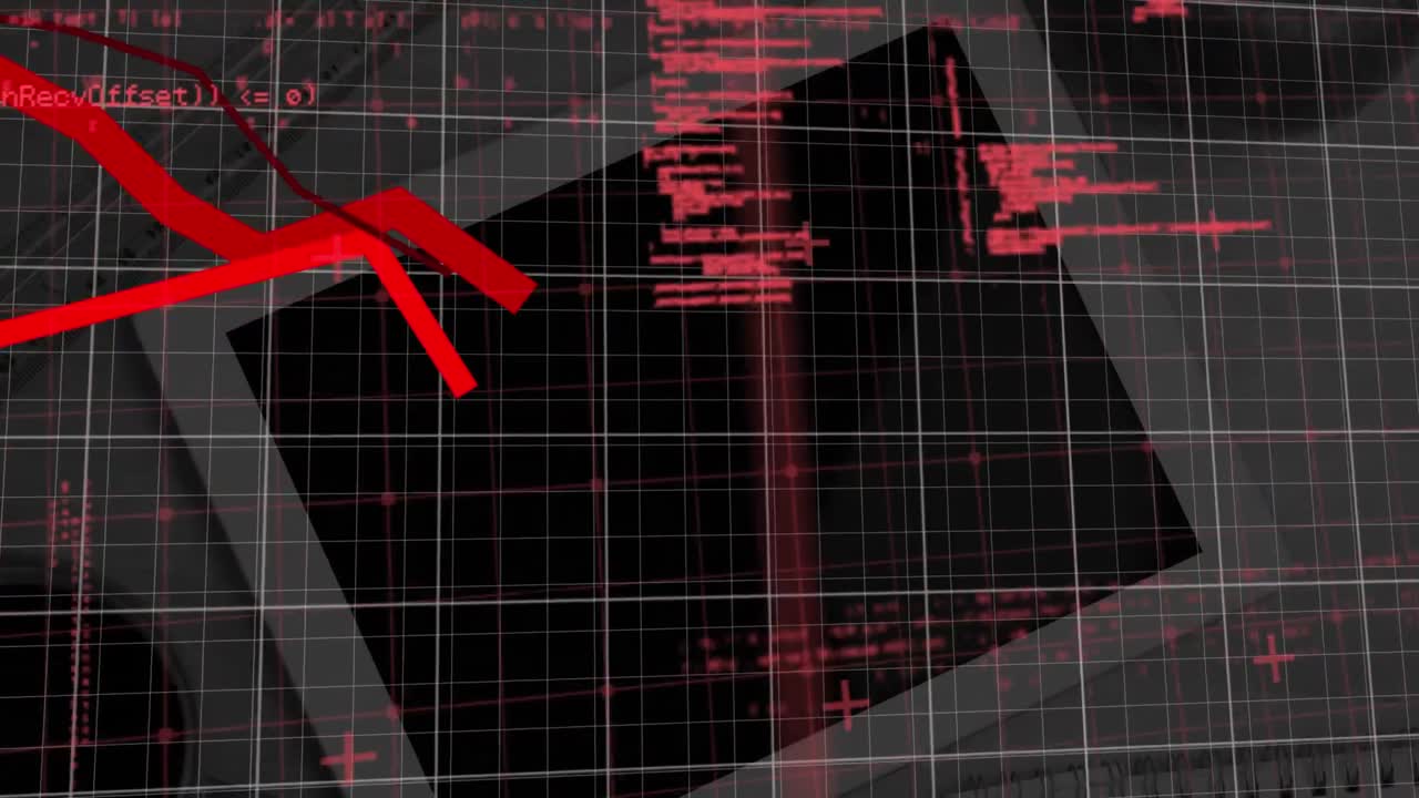 gráficos rojos y procesamiento de datos a través de una red de rejilla contra una tableta digital en una mesa de madera