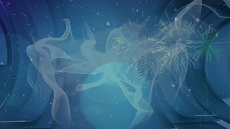 animation of white particles over digital waves and fireworks bursting against blue background