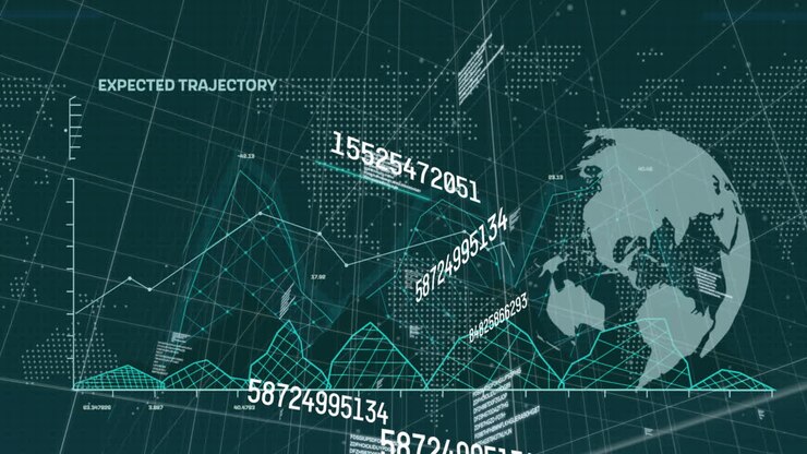 Animation of data processing and globe with world map on black background