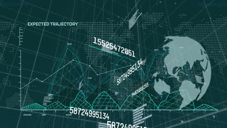animación del procesamiento de datos y globo con mapa del mundo en fondo negro.