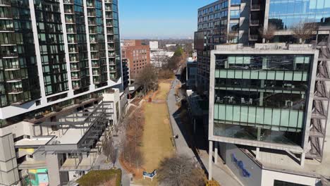 aerial shot of atlanta's beltline and ponce in the winter.