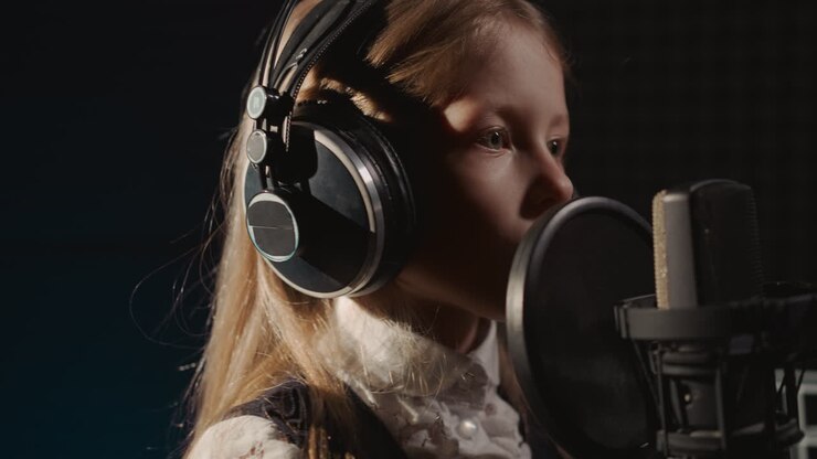 Girl engages in recording session. Member of younger generation sings in studio for releasing of first song. Small blonde girl at musical performance