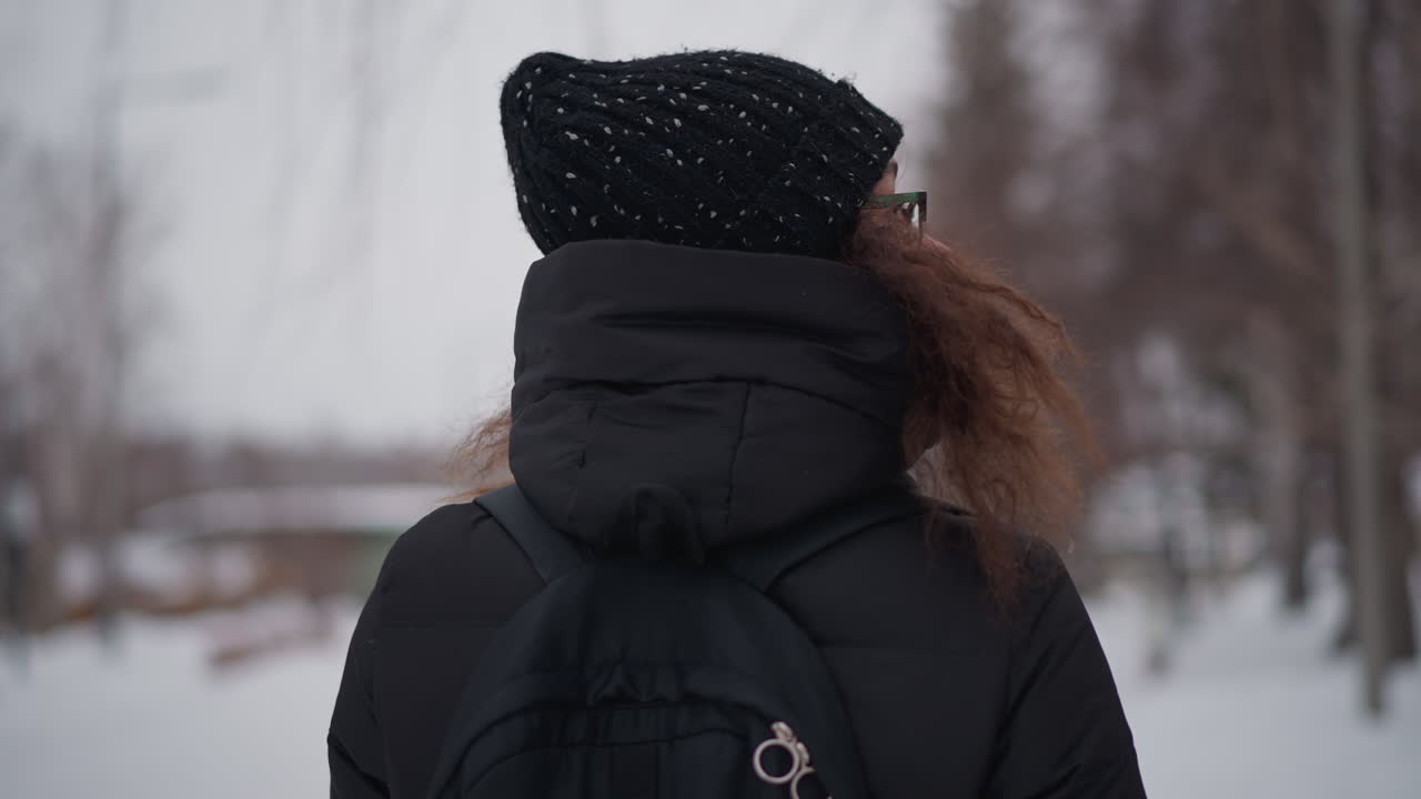 검은 코트, 모자, 백팩을 착용하고 곱슬머리를 한 여성이 겨울 눈 덮인 공원을 걷는 뒷모습 클로즈업. 고독, 추운 계절, 야외, 몹시 추운 분위기, 얼어붙은 환경, 평화로운 풍경, 흐린 하늘