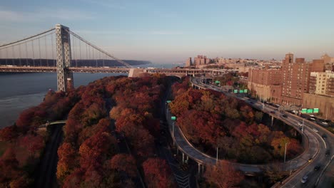 Henry-Hudson-Highway-and-Riverside-Drive-coming-off-the-George-Washington-Bridge,-gorgeous-NYC-aerial-view