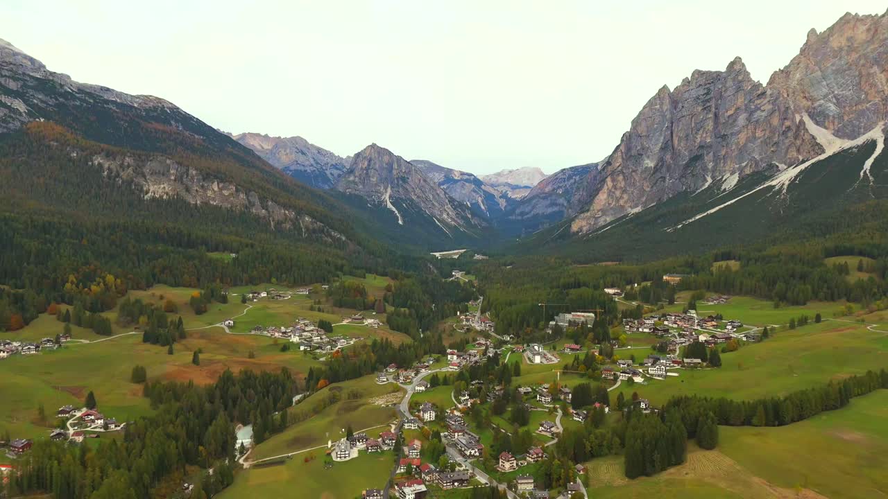 Aerial View of a Village in the Dolomites Mountains