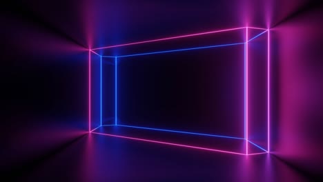 renderización 3d. visualización sin problemas de la transformación de una figura geométrica o cubo en un largo túnel en un resplandor de neón de colores azul y ultravioleta