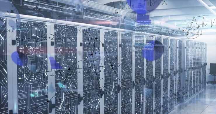 Data Center Server Room with Digital Mathematical Formulas and Data Overlays