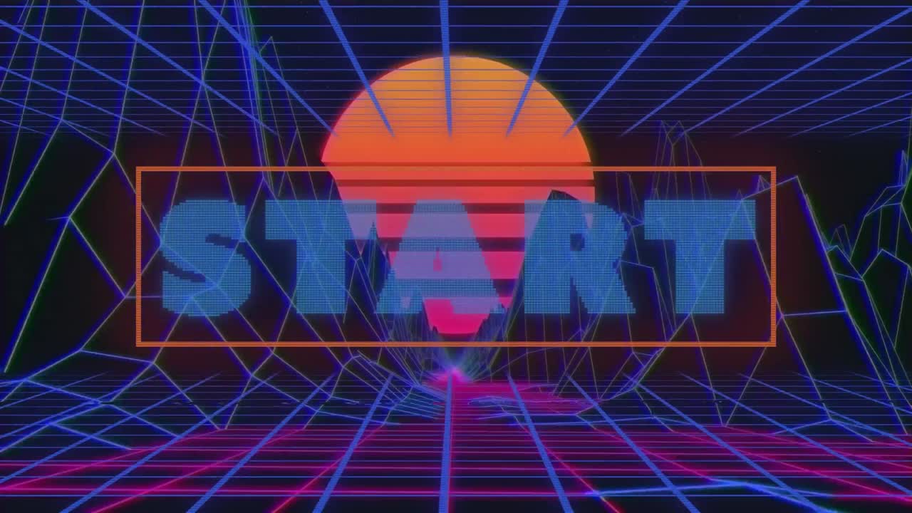 움직이는 다채로운 그리드에 다채로운 디지털 풍경 위에 시작 텍스트의 애니메이션