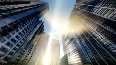 Looking-up-at-Manhattan-skyscrapers-at-sunset,-New-York-City,-USA.