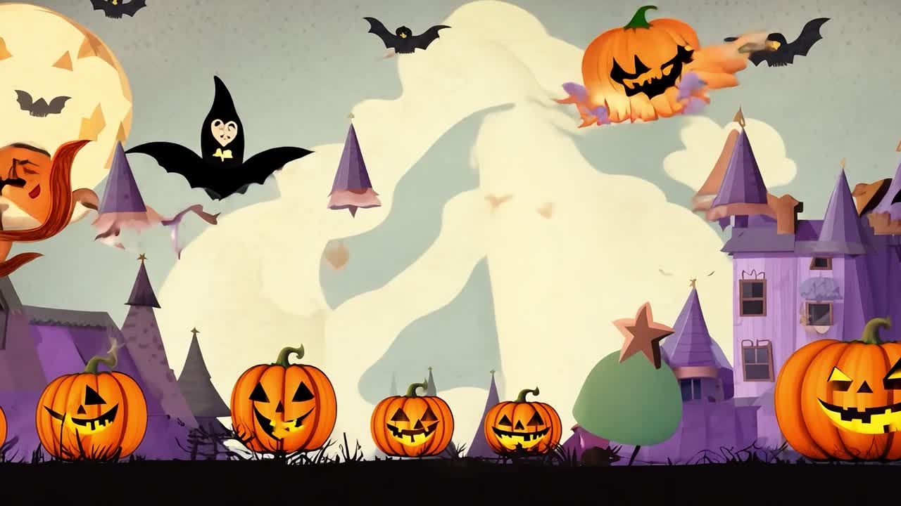 una espeluznante noche de halloween con calabazas voladoras y murciélagos.