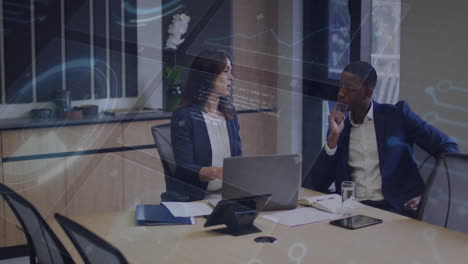 discussing data analysis, business professionals in office with digital network animation