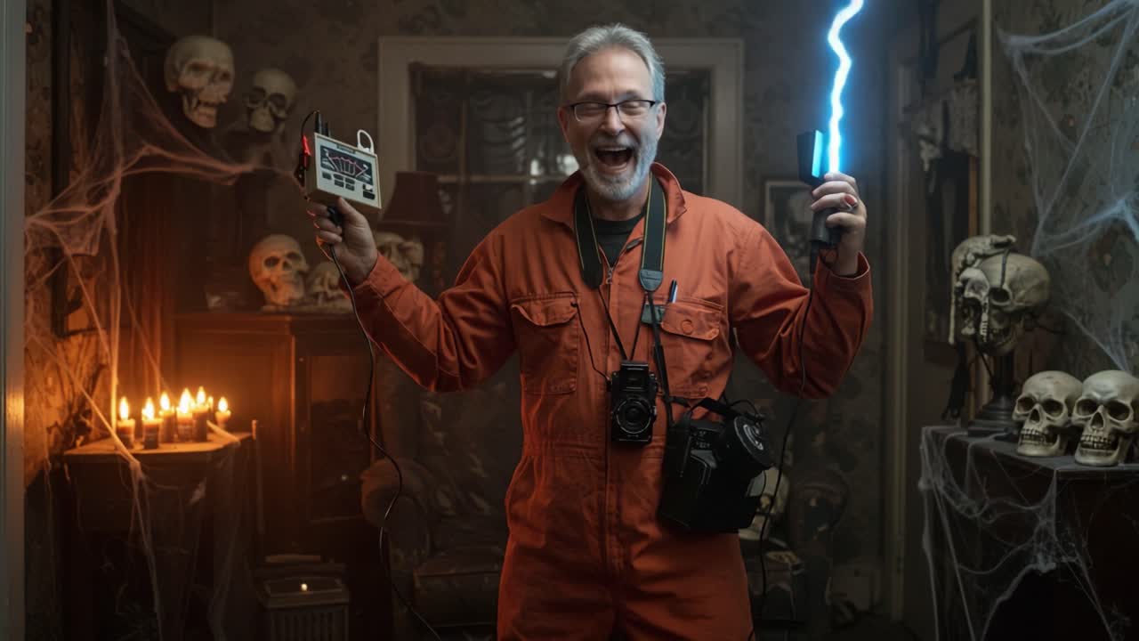 Exciting Ghost-Hunting Adventure: A Brave Explorer in a Spooky Room with Lightning and Skulls, Capturing the Thrill of the Paranormal Experience