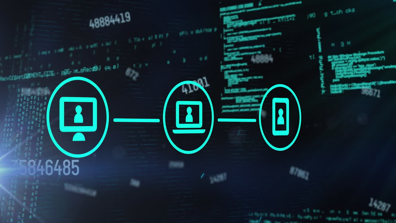 animación de números cambiantes, red de iconos digitales, punto de luz y procesamiento de datos