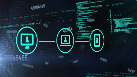 animación de números cambiantes, red de iconos digitales, punto de luz y procesamiento de datos