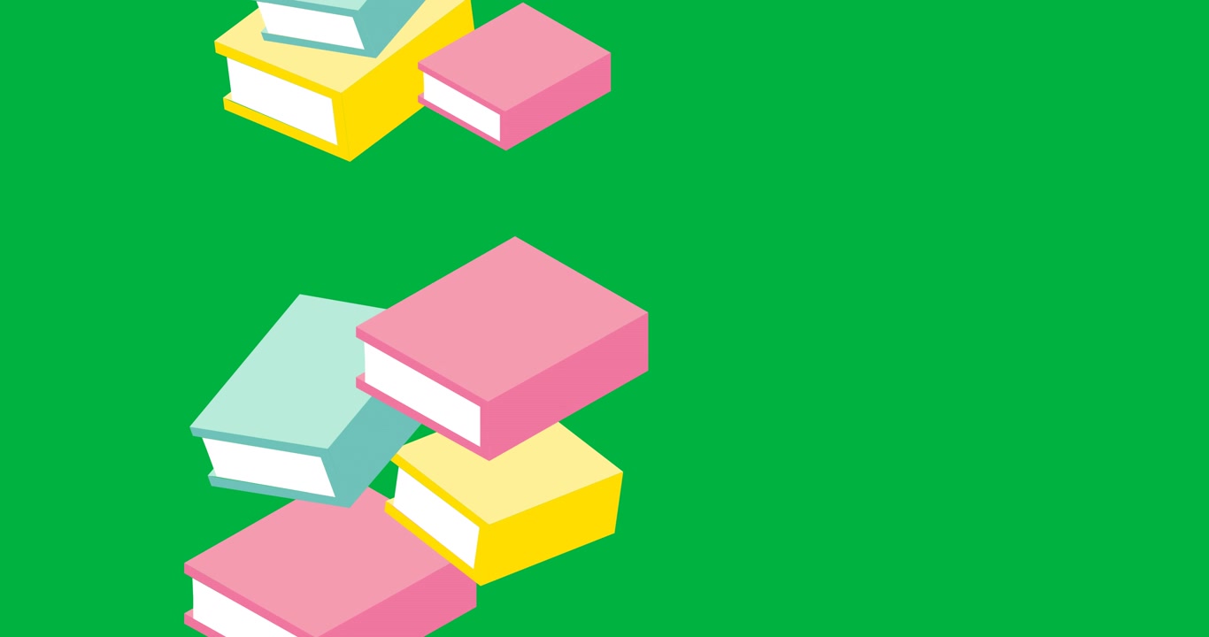 Digital animation of multiple multicolor books icons falling against black background
