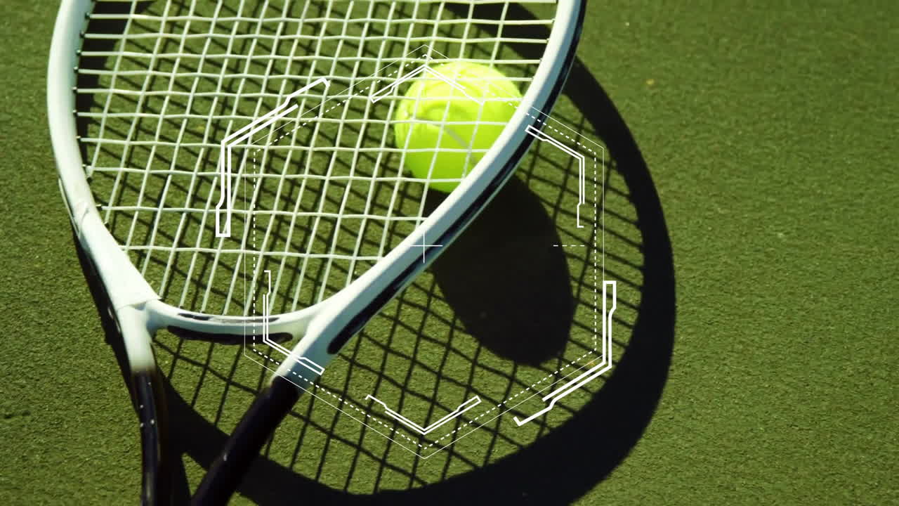 Animation of shape over tennis racket and ball on green background