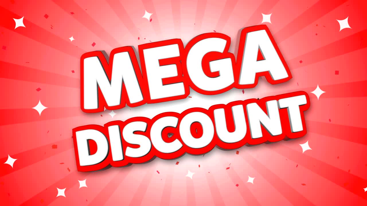 mega descuento texto 3d en el fondo de confeti que cae.