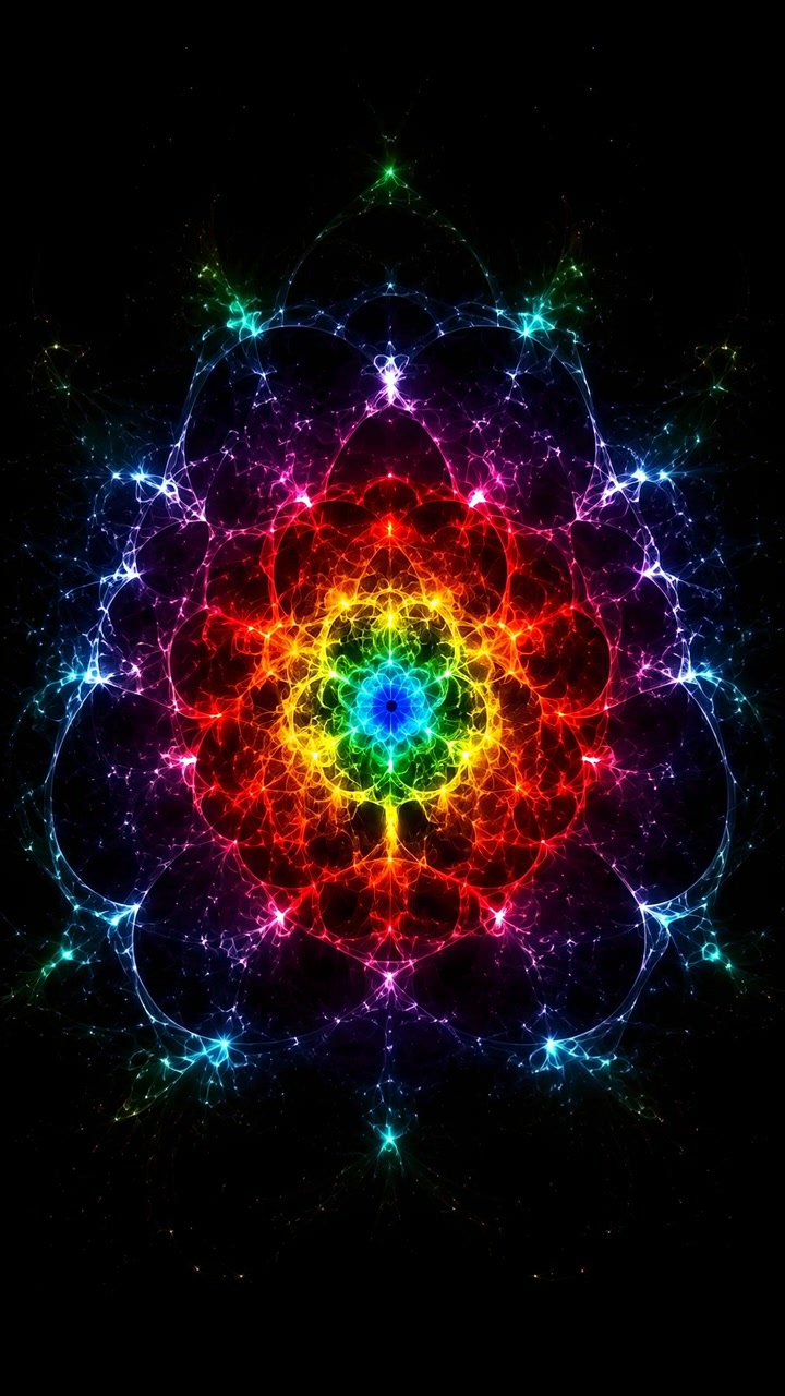 Motivo geometrico luminoso centrato che cambia colore attraverso anelli concentrici, con delicati anelli ramificati e punti scintillanti che si espandono verso l'esterno su uno sfondo nero profondo