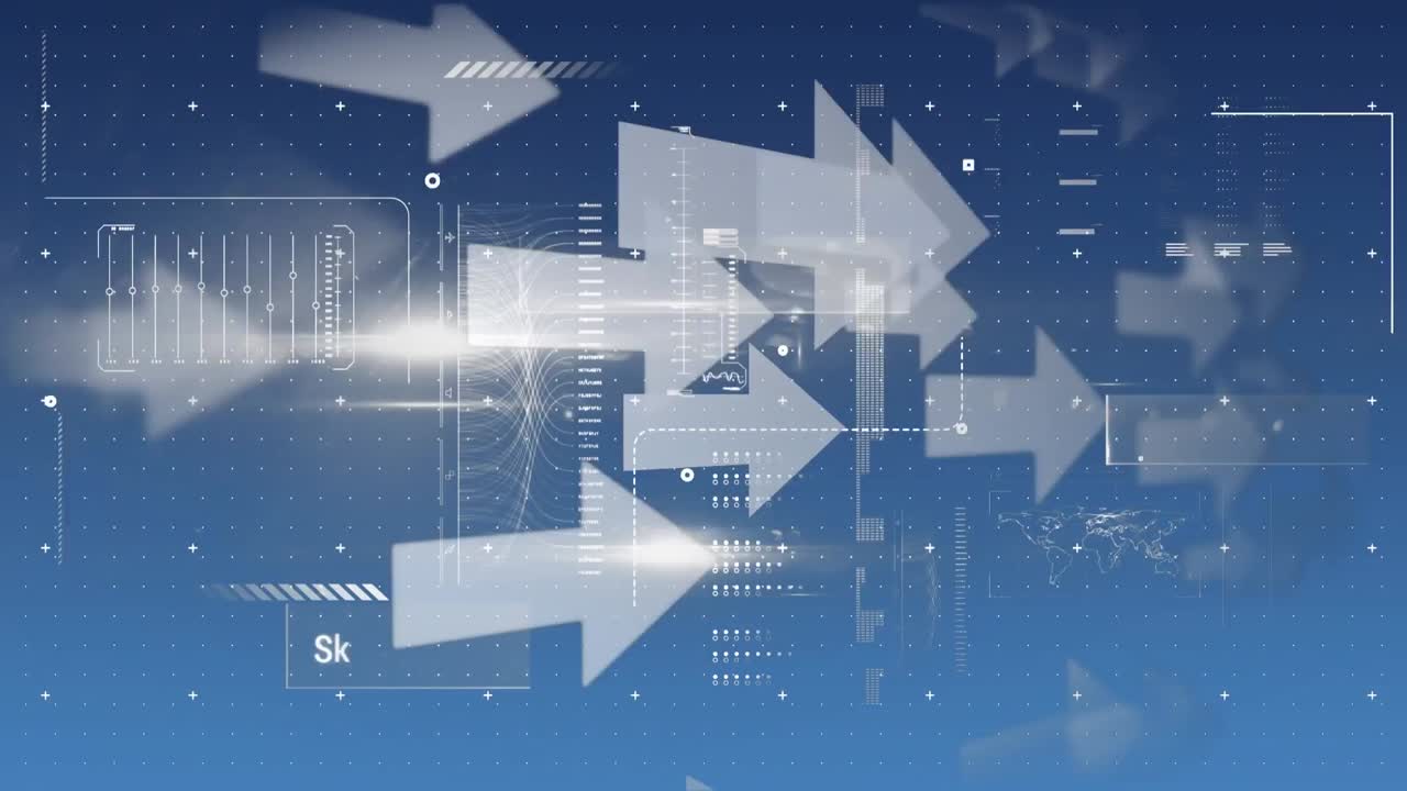 Animation of shapes and data processing with arrows on blue background