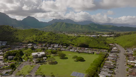 aerial over a school and houses in kailua on the island of oahu in hawaii on a beautiful day