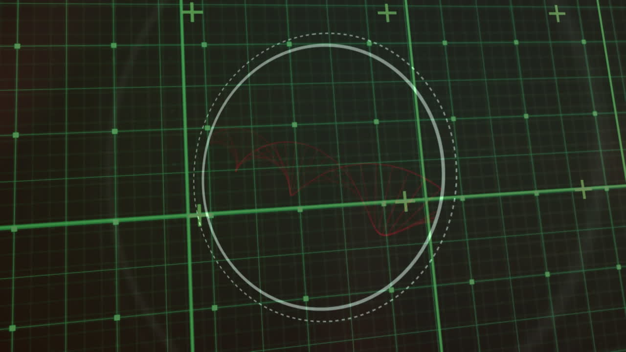 검은 바탕에 회전하는 빨간색 dna 나선이 있는 원형 스캐너 위의 녹색 그리드의 애니메이션