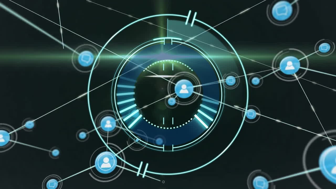 어두운 배경의 범위 위의 아이콘으로 연결 네트워크의 애니메이션