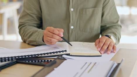 Writing,-notebook-and-documents-with-hands-of-man