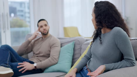 angry couple, fight or argue on sofa with stress