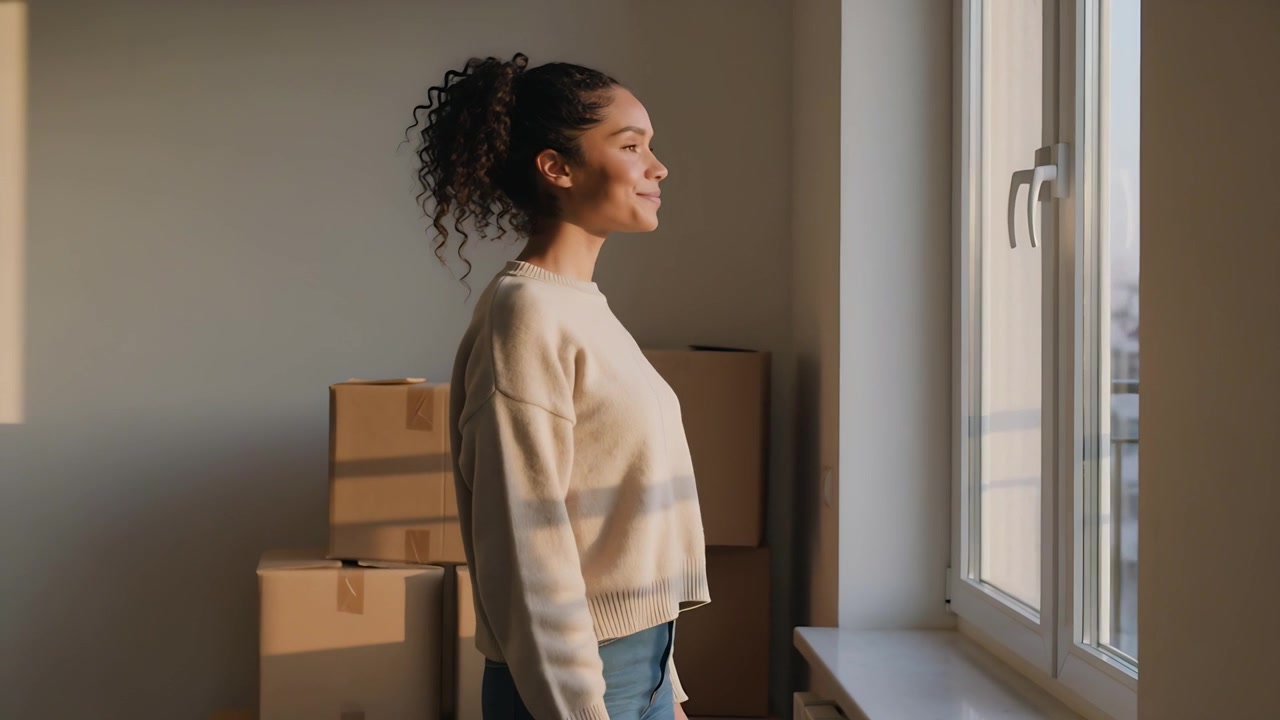 Holding keys, woman in beige sweater and jeans surveying flat with boxes, smiling at balcony rail