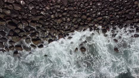 Atlantic-waves-washing-rocky-coastline-of-Tenerife,-top-down-view