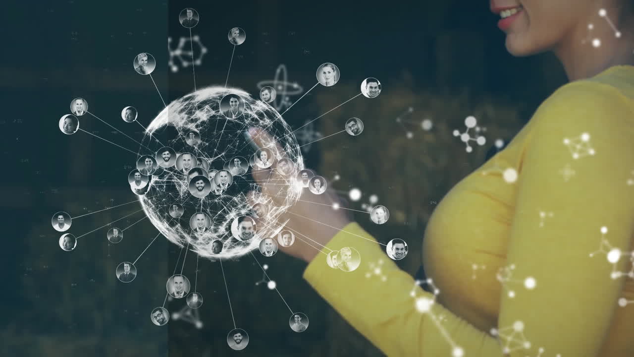 스마트폰을 사용하는 백인 여성에 대한 지구와 디지털 데이터 처리의 애니메이션