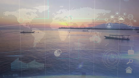 world map and data analytics animation over serene ocean sunset scene