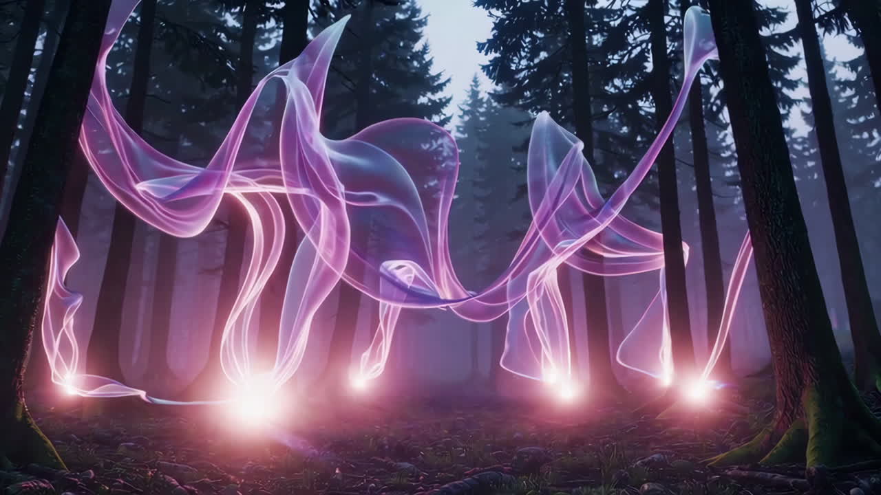 зачарованный лес с мистическими розовыми завесами