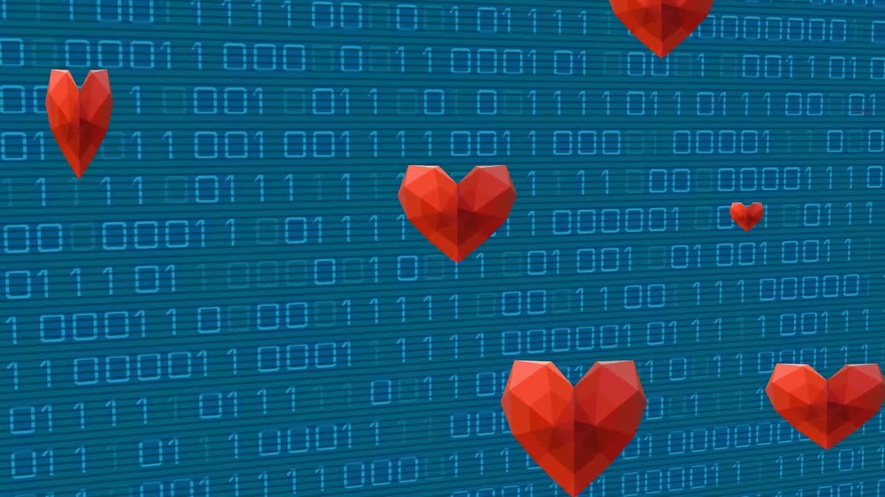 animación de corazones rojos sobre codificación binaria en fondo azul