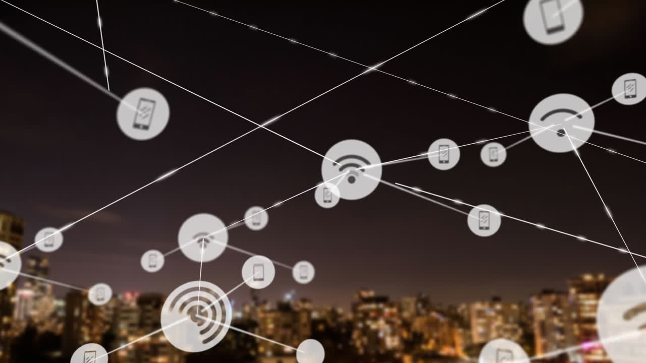 animación de la red de conexiones con iconos sobre el paisaje urbano