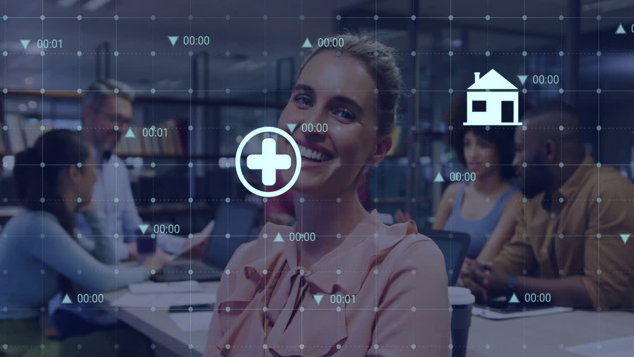 Animation of financial data processing over diverse business people in office