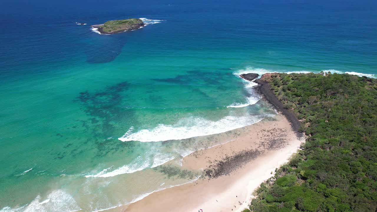 Cook Island And Fingal Head In Turquoise Seascape In NSW, Australia - Aerial Drone Shot