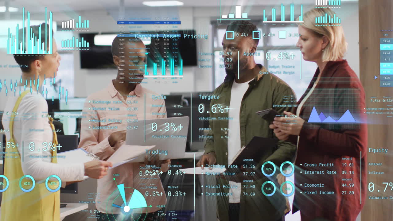 Animation of financial data processing over diverse business people in office