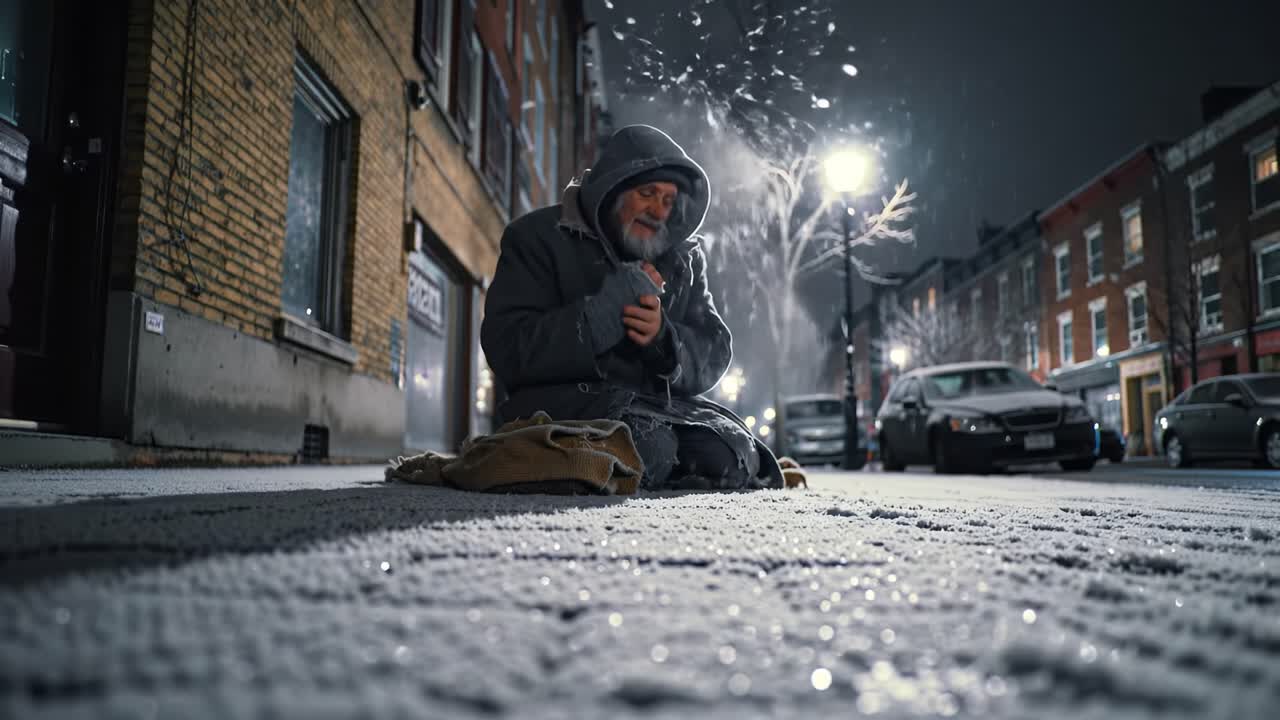 A man huddles for warmth on a snowy urban sidewalk as winter temperatures drop at night. Streetlights illuminate quiet buildings nearby, emphasizing his solitude and struggle.
