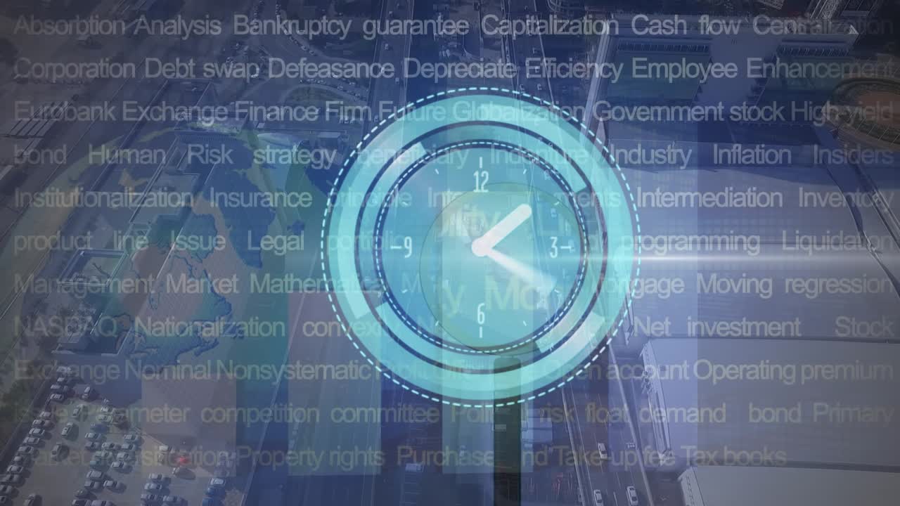 Animation of clock and financial data processing over cityscape