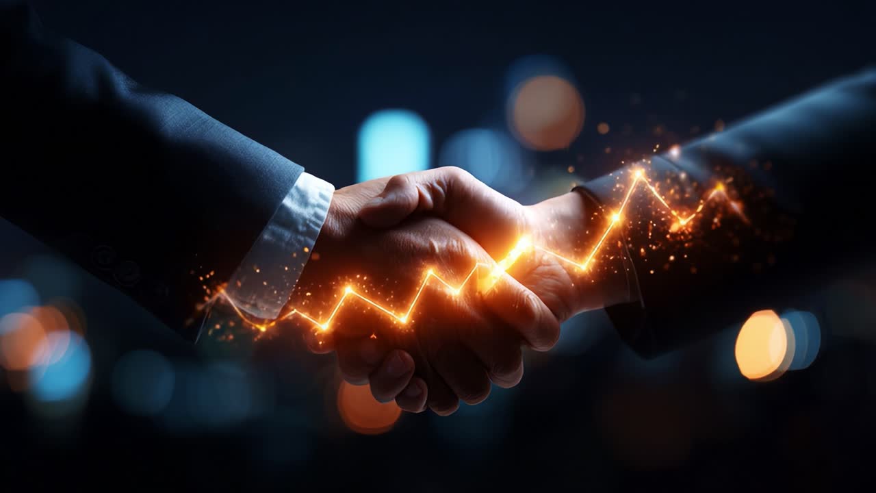 Symbolic Handshake Representing Mutual Agreement and Collaboration, Highlighted by a Dynamic Graph Illustrating Partnership Growth in a Modern Business Setting