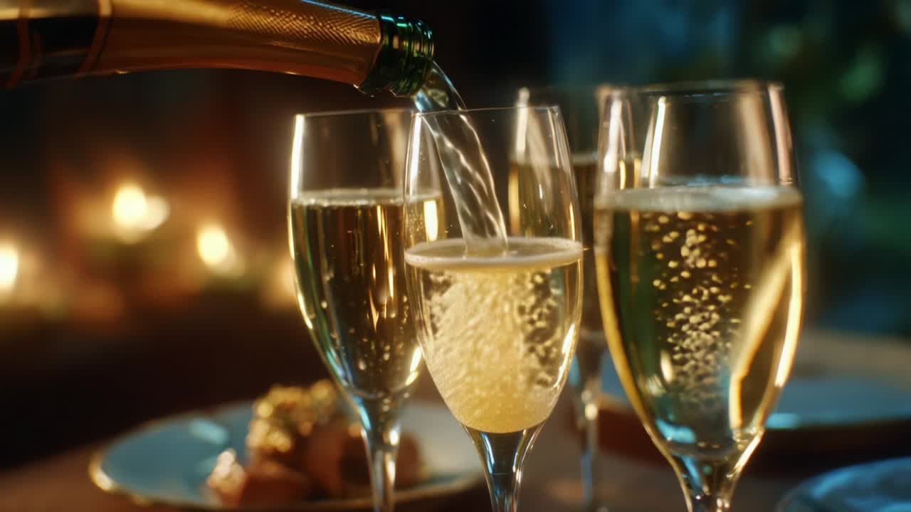 Celebratory Moments: Pouring Sparkling Wine into Flutes, Capturing Joyful Gatherings with Friends and Family, Toasting to Special Occasions with Bubbling Champagne in Elegant Glassware