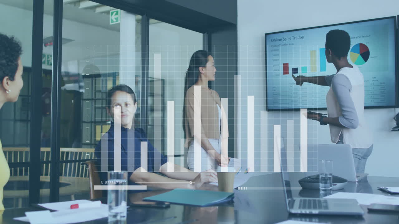 Bar graph animation over business meeting with diverse team analyzing sales data