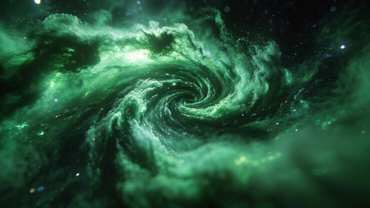 Spinning green nebula rotating and tightening toward core in deep space, drawing particles inward