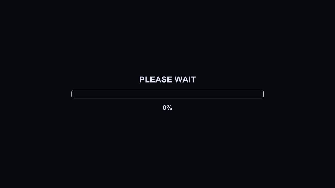 A progress bar animation appears on a dark background. It displays the message Please wait along with a colorful indicator showing 100 percent completion. The scene indicates a loading process