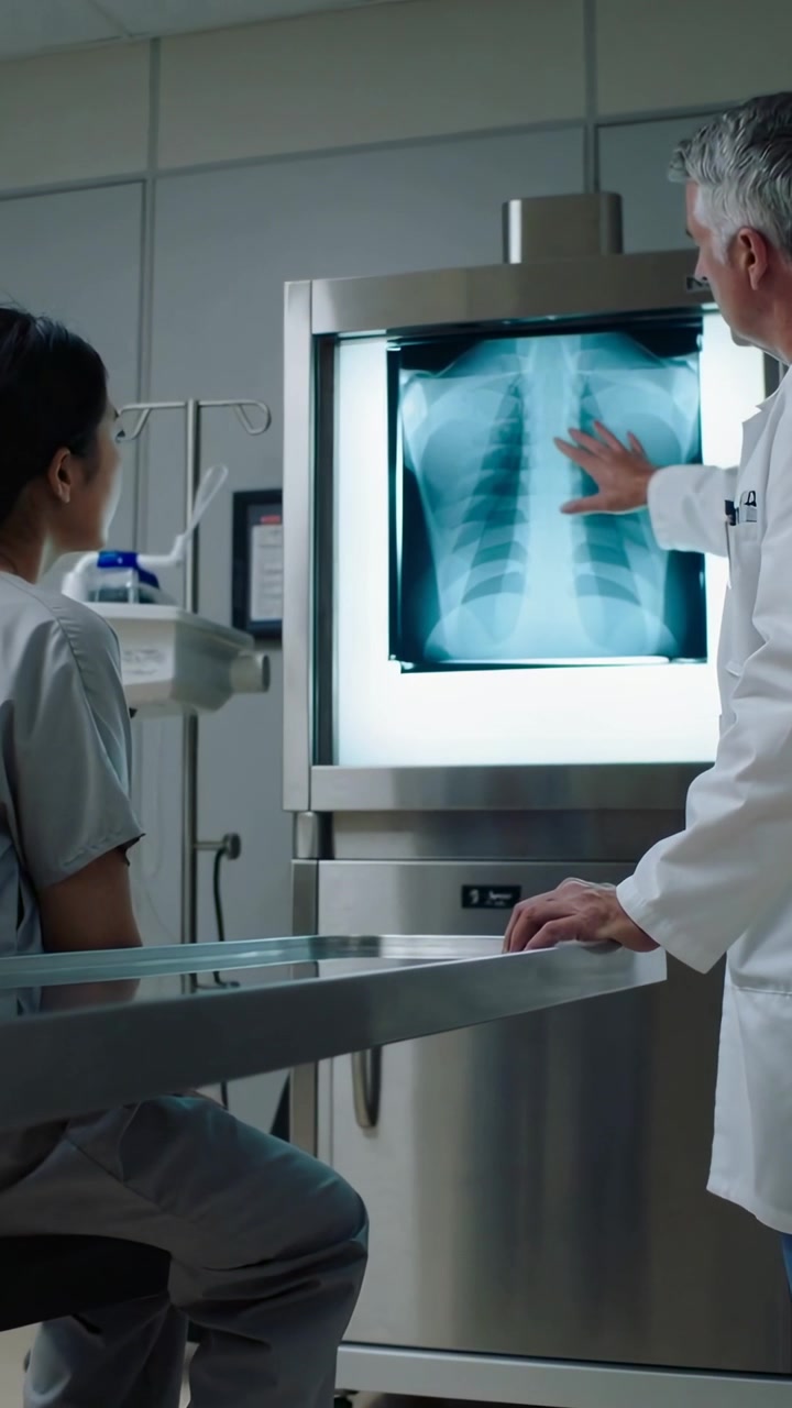 Vertical video: Seeing film, doctor in white coat pointing at chest X-ray in exam room for review